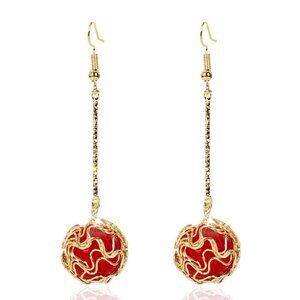 18K Yellow Gold Plated Round Red Ball Shape Tassel Dangle Earrings 2.5" Long